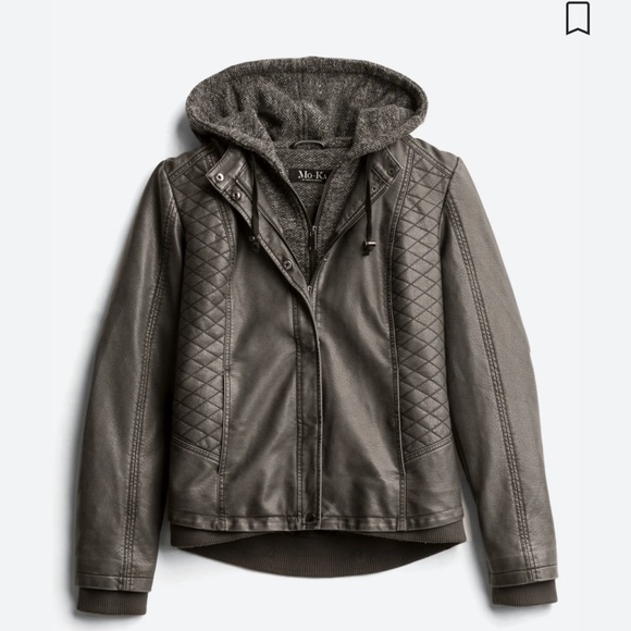 MO-KA - (Dark Grey) Meriam Knit Hood Faux Leather Jacket - Picture 1 of 4